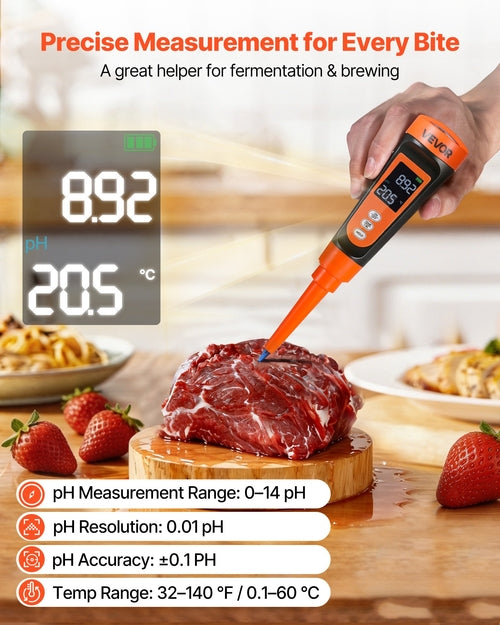 Food pH Meter, 0-14 pH Range, IP68 Waterproof Probe, Pocket Tester Kit