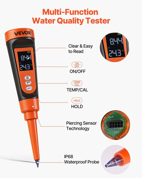 Food pH Meter, 0-14 pH Range, IP68 Waterproof Probe, Pocket Tester Kit