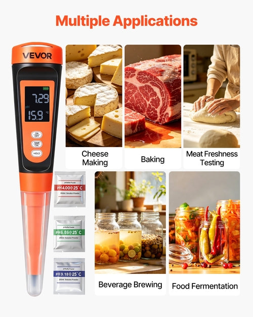 Food pH Meter, 0-14 pH Range, IP68 Waterproof Probe, Pocket Tester Kit